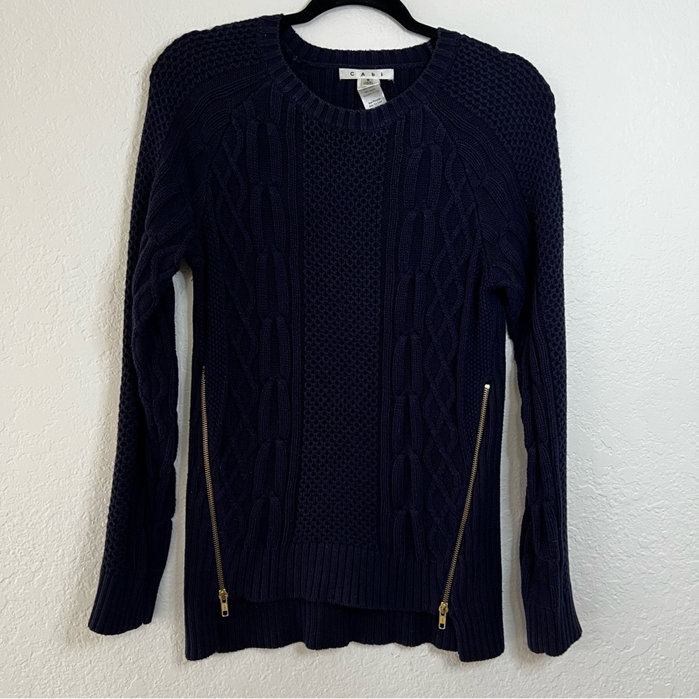 CAbi Double Zip Hem Navy Blue Cable Knit Sweater Style #899 Women’s Size Small